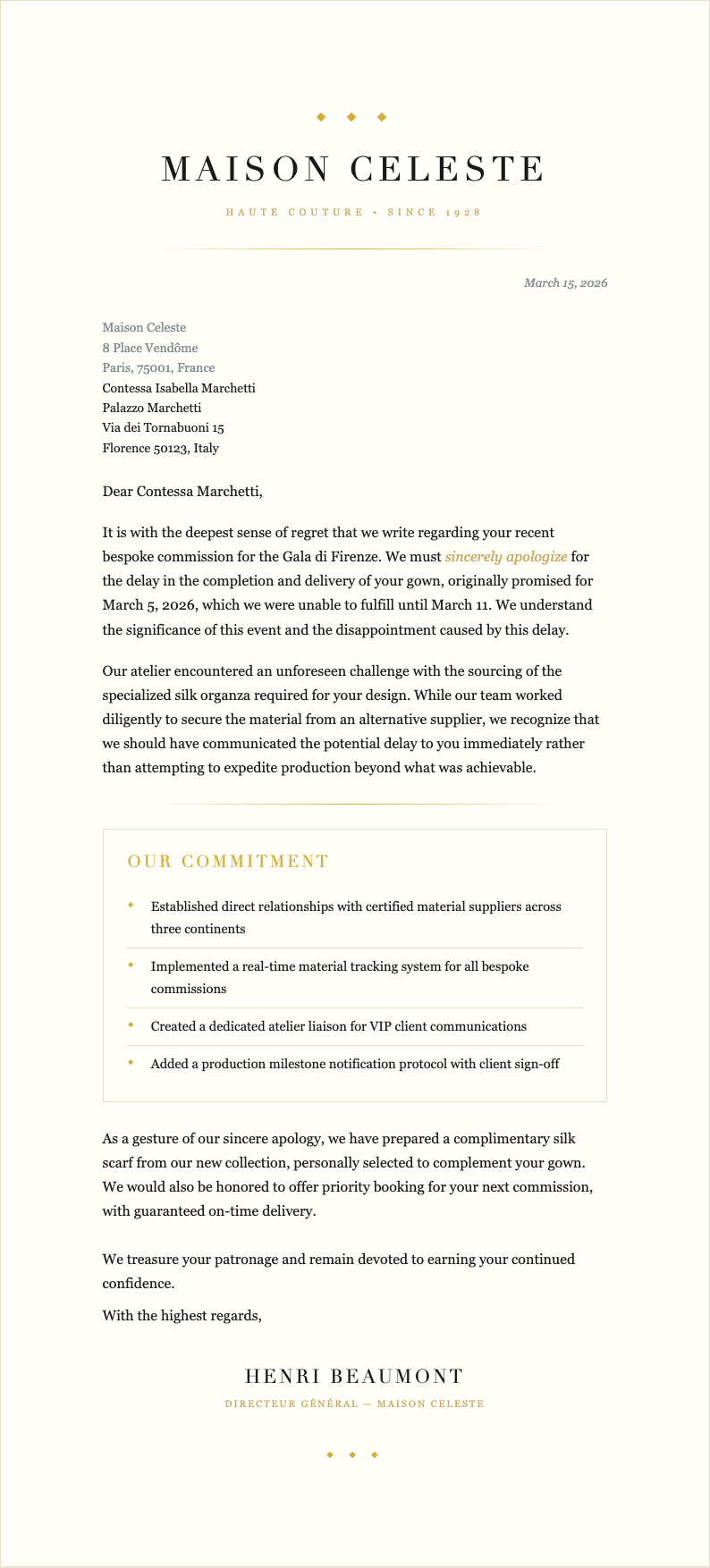 Luxury premium apology letter